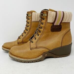 CAT Caterpillar Leather Wedge Boots Womens 7 Wide Knit Cuffs